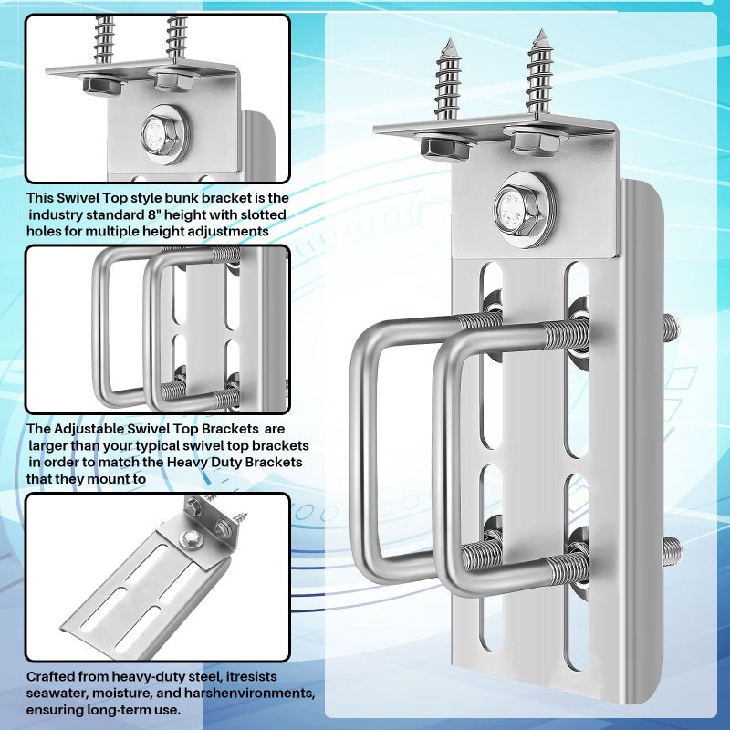 Yaocom 2 Sets 8"" Boat Trailer Bunk Brackets, Galvanized Double U Bolt Swivel Top Bunk Bracket Kit for 1.5"" x 3"", 2"" x 3"", 3"" x 3"" Boat Trailer Cross Member, Boat Trailer Bunk Brackets - Image 3